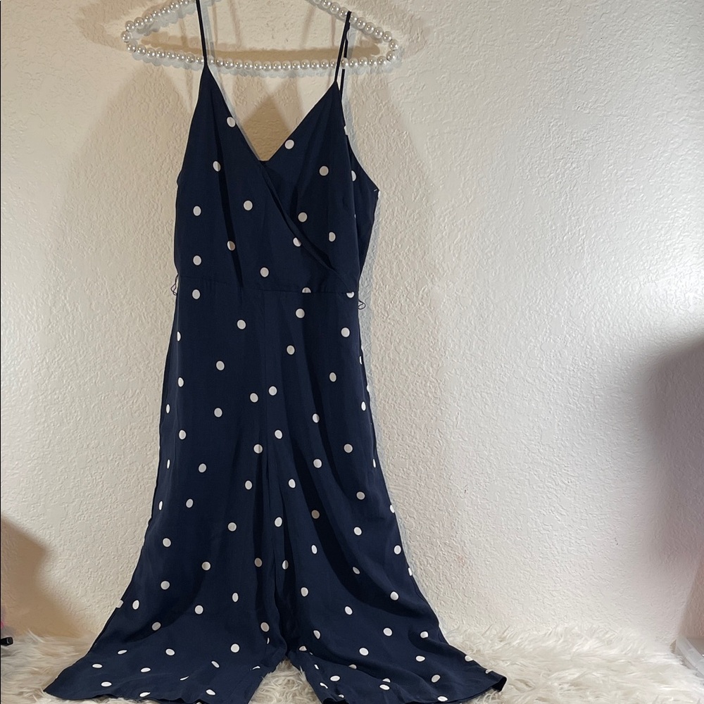 LOFT Women’s Pants Jumpsuit Romper Navy White Polka Dots Pockets Size 2P NWT - Picture 2 of 10